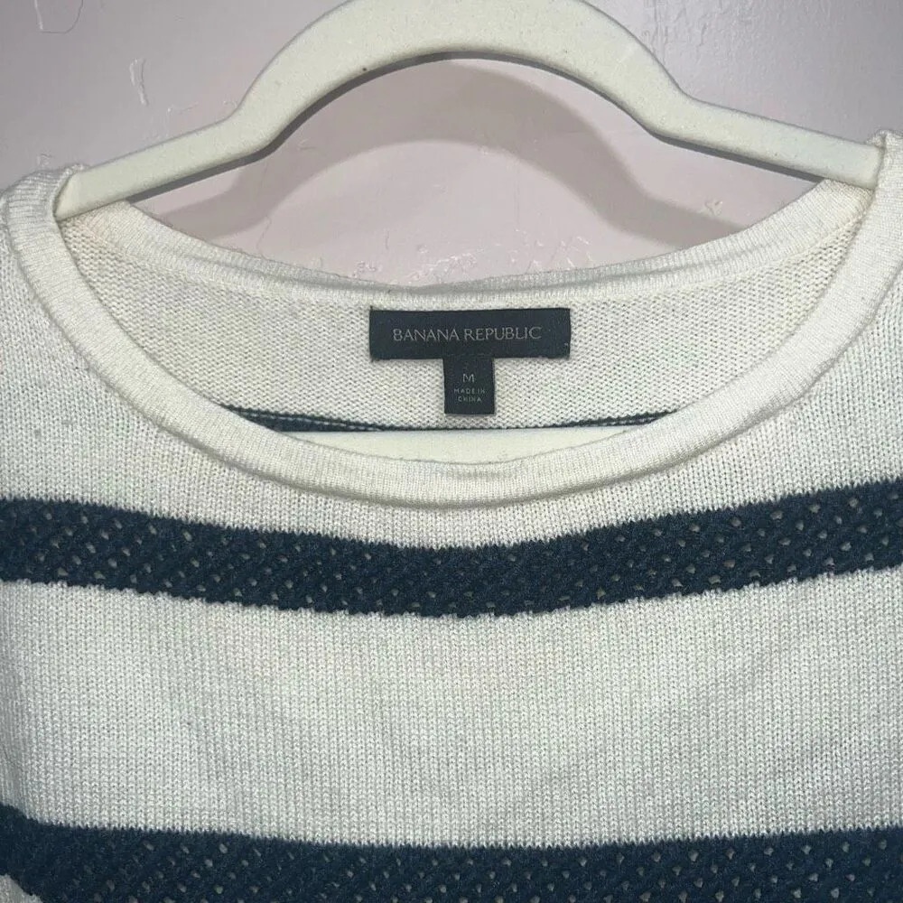 Banana Republic White/Blue Stripe Women's Size Medium Long Sleeve Fringe Seam Sw - Image 2