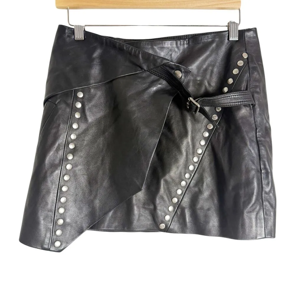 IRO Mupper Black Lamb Leather Studded Belted Moto Biker Mini Skirt L - Image 6