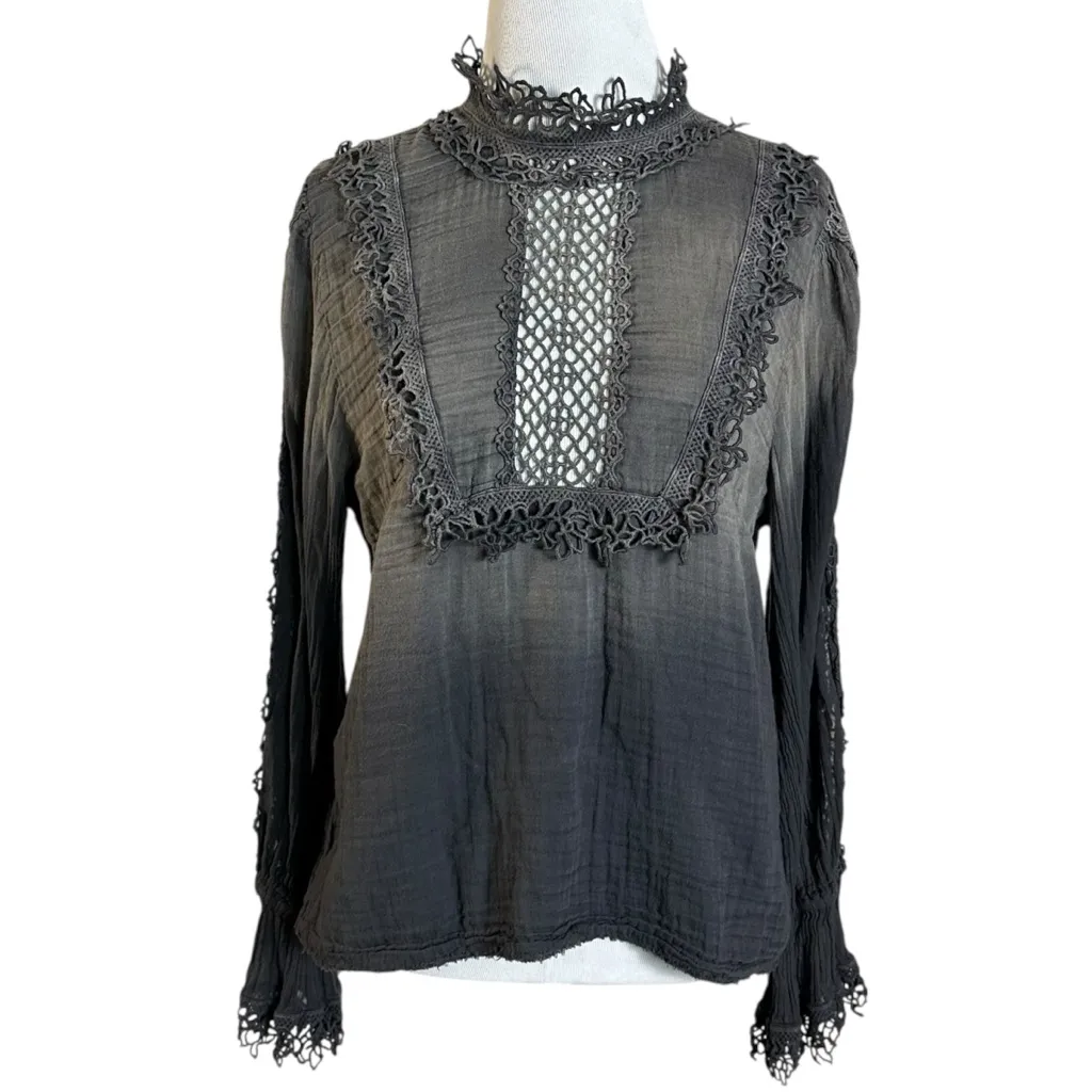 Free People FP One Witchy Edwardian Crochet Lace Blouse Size Medium Ombre Black - Image 5