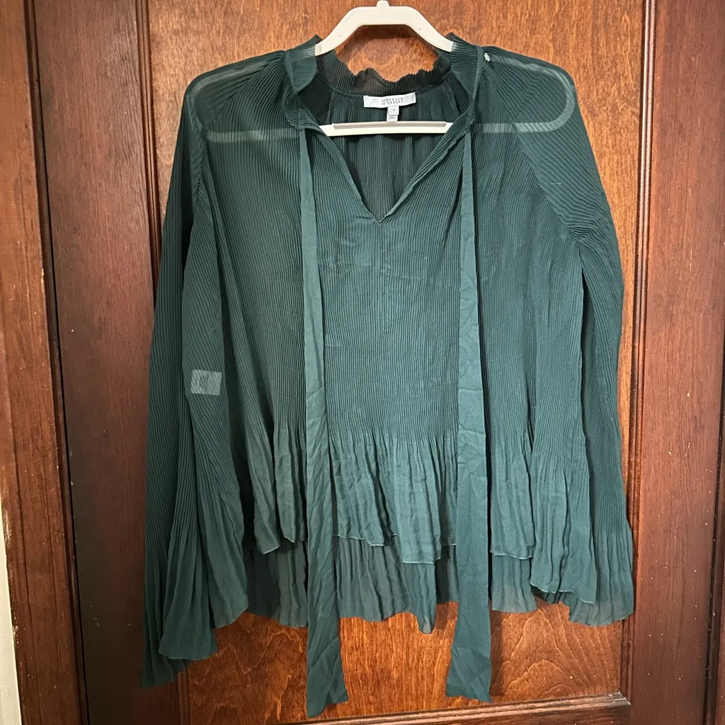 Derek Lam 10 Crosby Green Long Sleeve Pleated Tie-Neck Blouse Size US 10 - Image 2