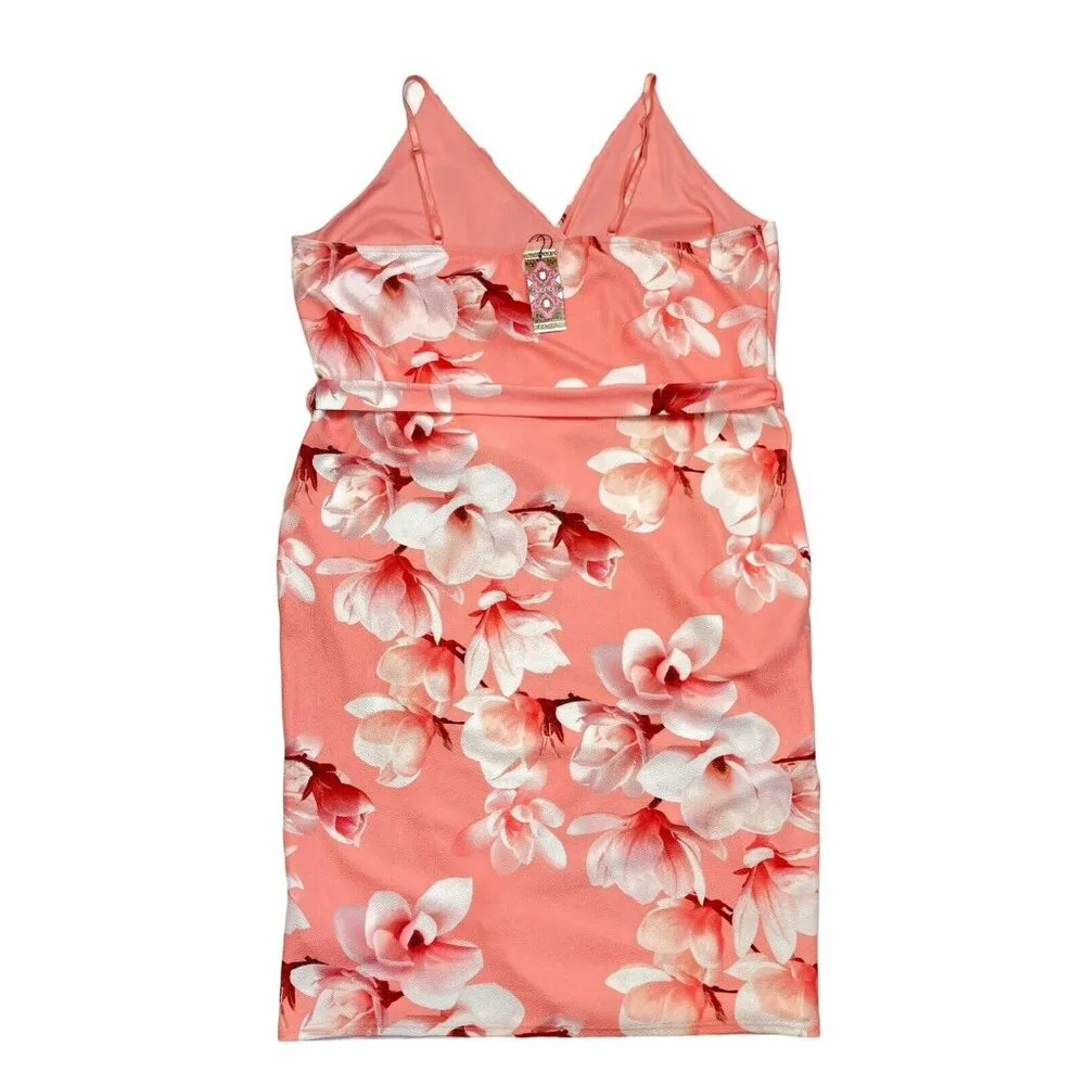 *New Boohoo Dress Womens Plus Size 24 Coral Floral Wrap Midi Surplice Summer Sun - Image 2