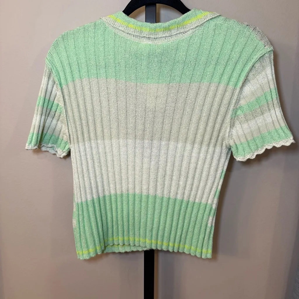 Free People NWT Flirt Cardi‎ Short Sleeve Sweater Green Cream Stripe Size Medium - Image 5