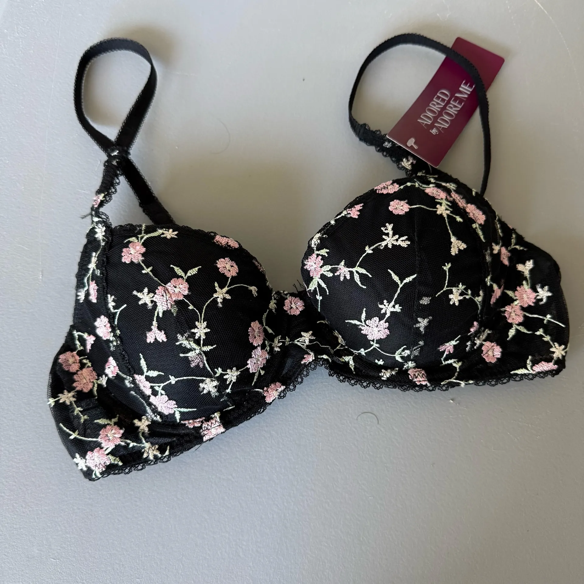 Adore Me Black Bra with Pink Floral Embroidery Size 34B T-shirt Padded - Image 2