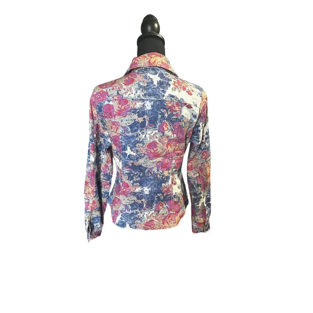 LAL Live A Little Floral Denim Shirt Jacket Button Front Pink Blue - Image 7