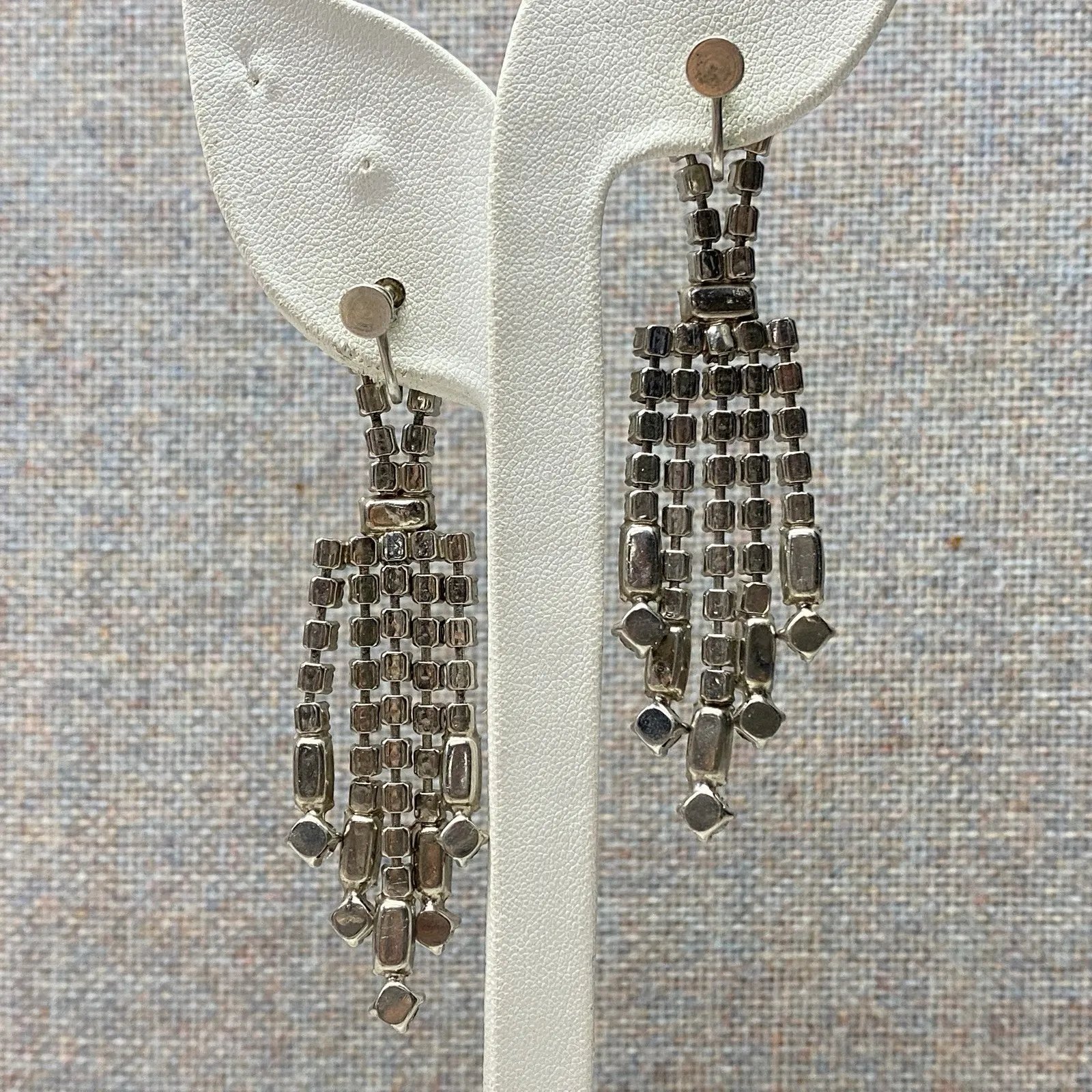 Vintage Rhinestone Clip On Earrings 3" Drop 5 Strands Screw Back Old Money Silver - Image 4