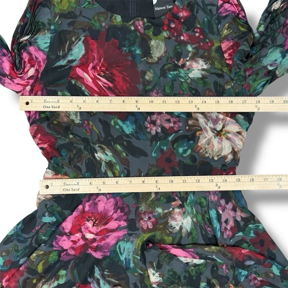 Maison‎ Tara Dark Floral Pleated Sleeve Chiffon Fit Flare Dress Black Multi 10 - Image 12
