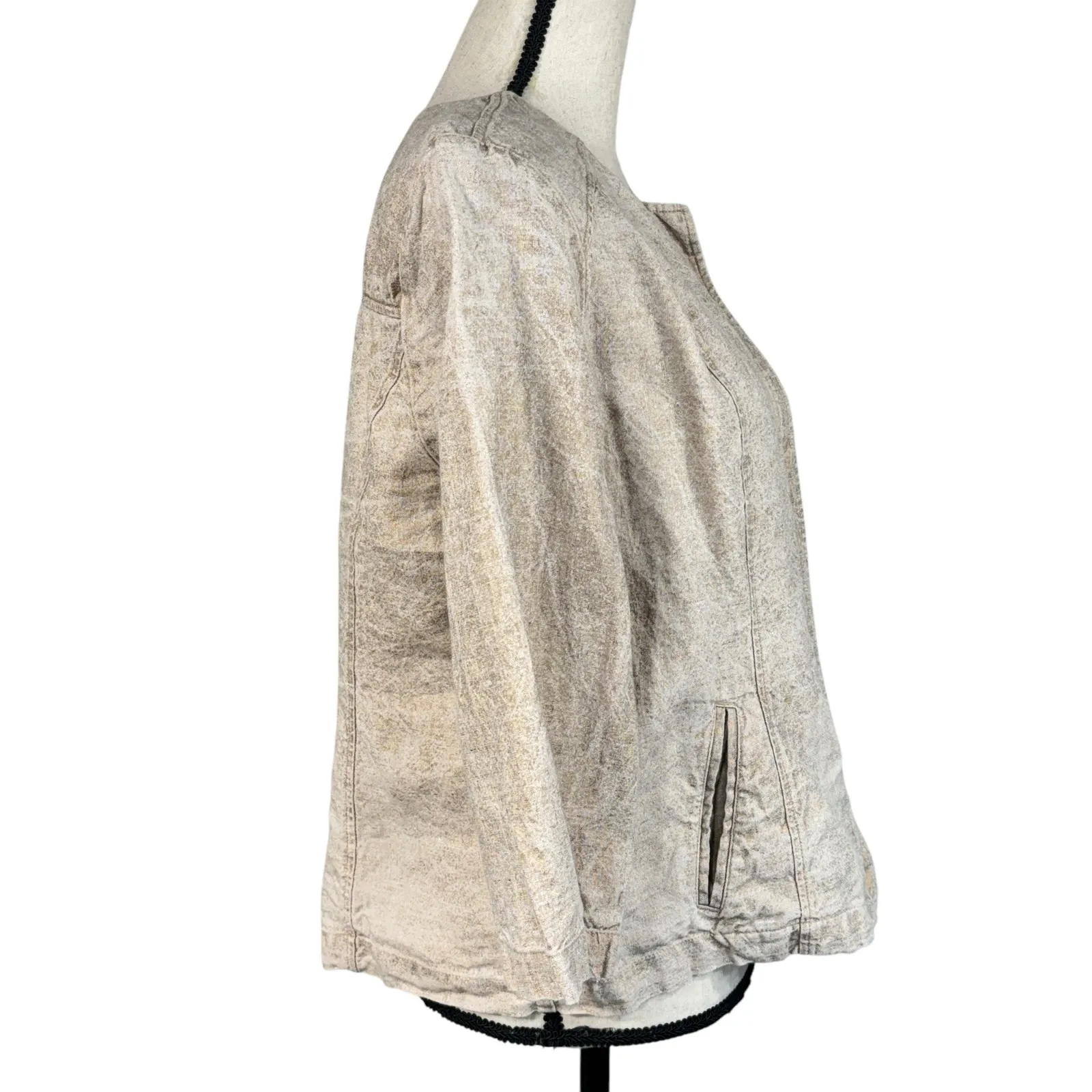 Chico’s SZ 2 (12/14) Linen Jacket Full-Zip 3/4 Sleeves Pockets Round Neck Beige - Image 2