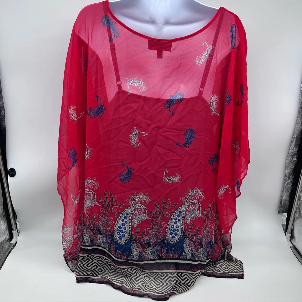 Lane Bryant Red/Blue/Gray/Black w/Paisley Print Sheer Top+Gray Tank Liner-18/20 - Image 5