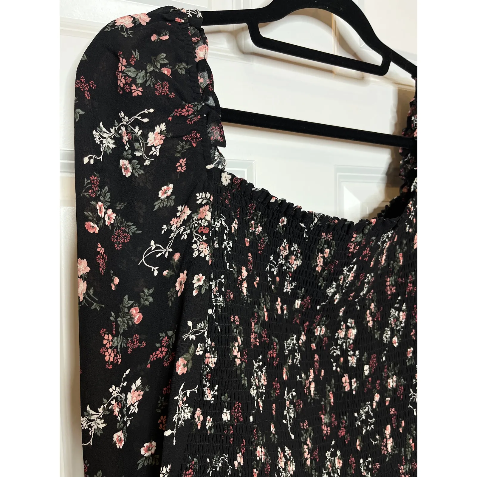 Reformation NEW Pinto Black Pink Floral Print Smocked Shirt‎ Small - Image 4