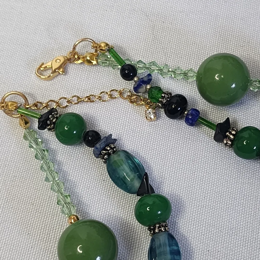 Handcrafted Green Double Strand Butterfly Necklace Bracelet Earrings Set - Image 6