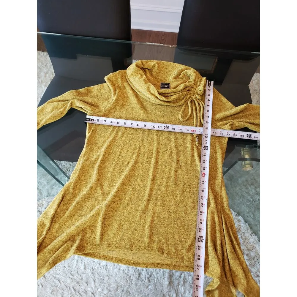 Coco Bianco Sweater Women's XL Yellow Knit Cowl Neck Asymmetrical Slit Hem - Image 6