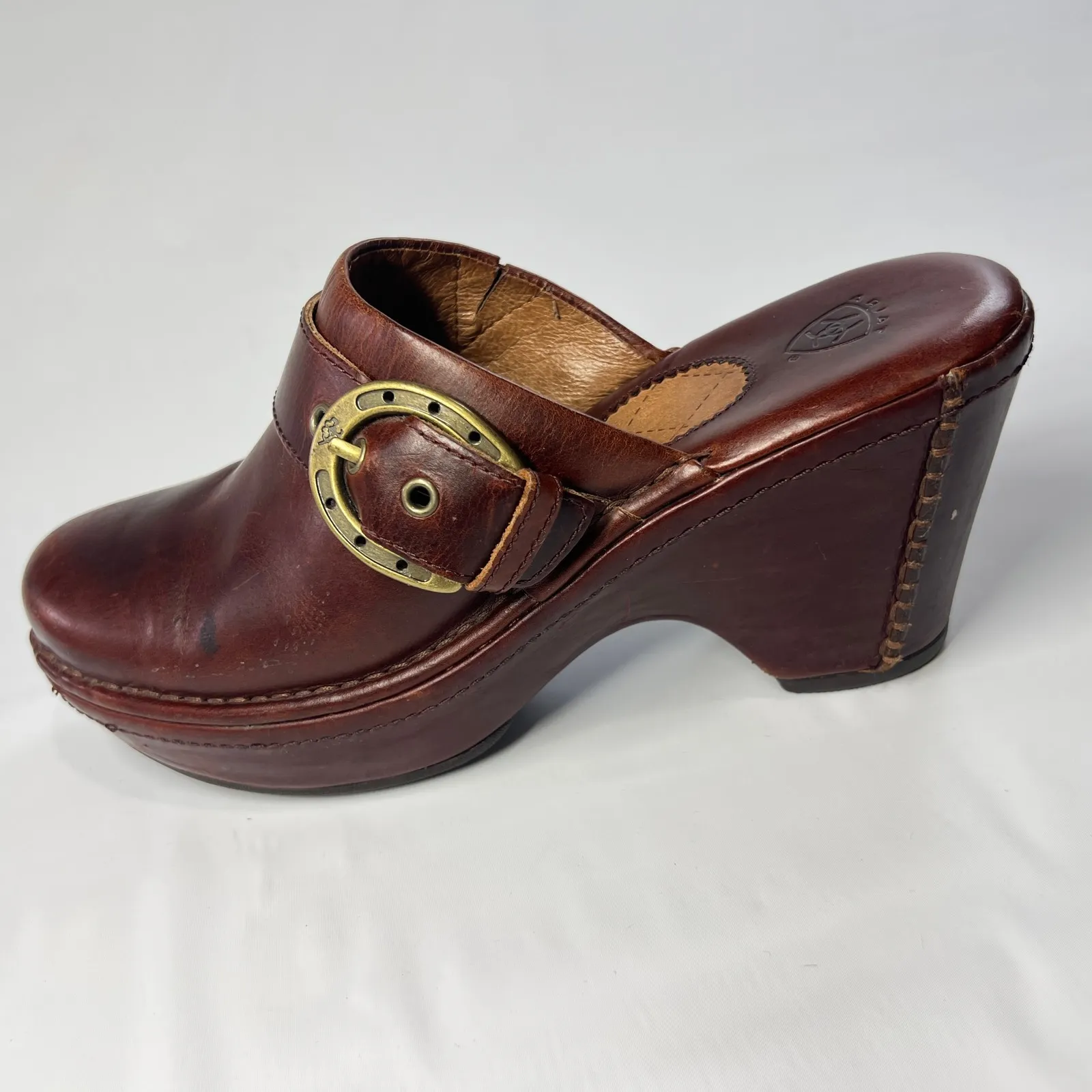 Ariat Womens 7.5B Brown Leather Wedge Clogs Buckle Mules Comfort Shoes Casual - Image 6