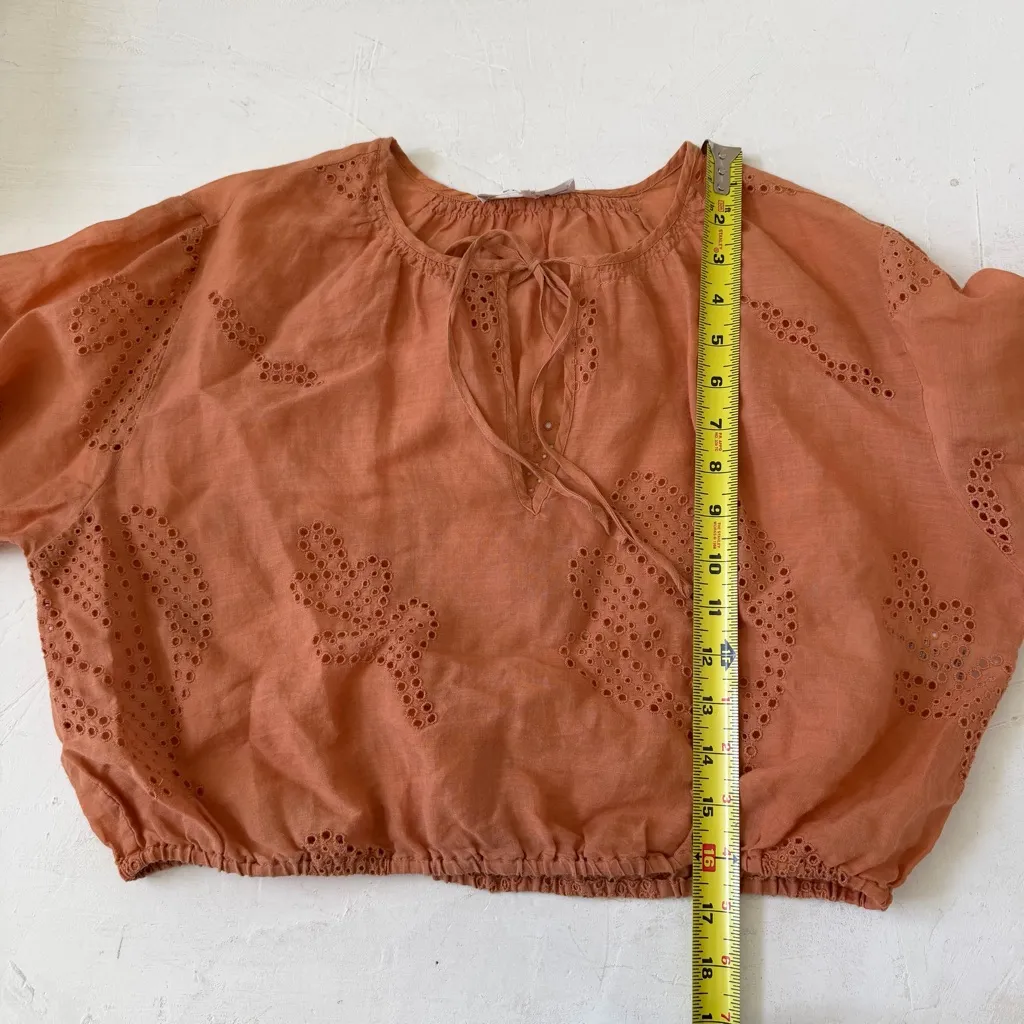 Frame Women's Orange Eyelet Round Neck Tie Cropped Blouse Top Size M - Image 10