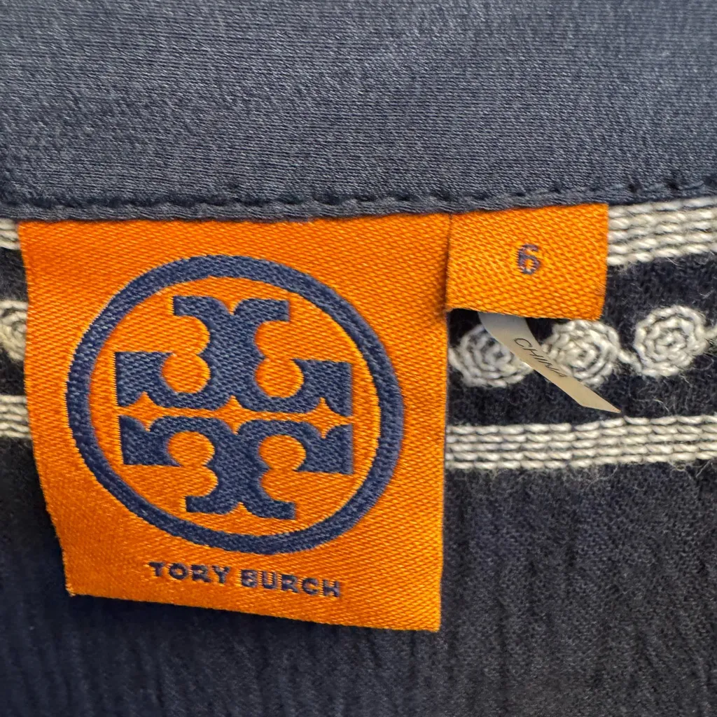 Tory Burch Navy and Cream Embroidered Blouse - Image 7