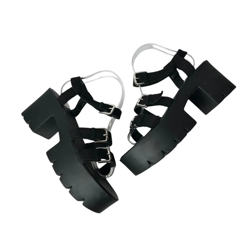 New Faux Suede Leather Chunky Black Platform Sandals 9 Block Heel - Image 2