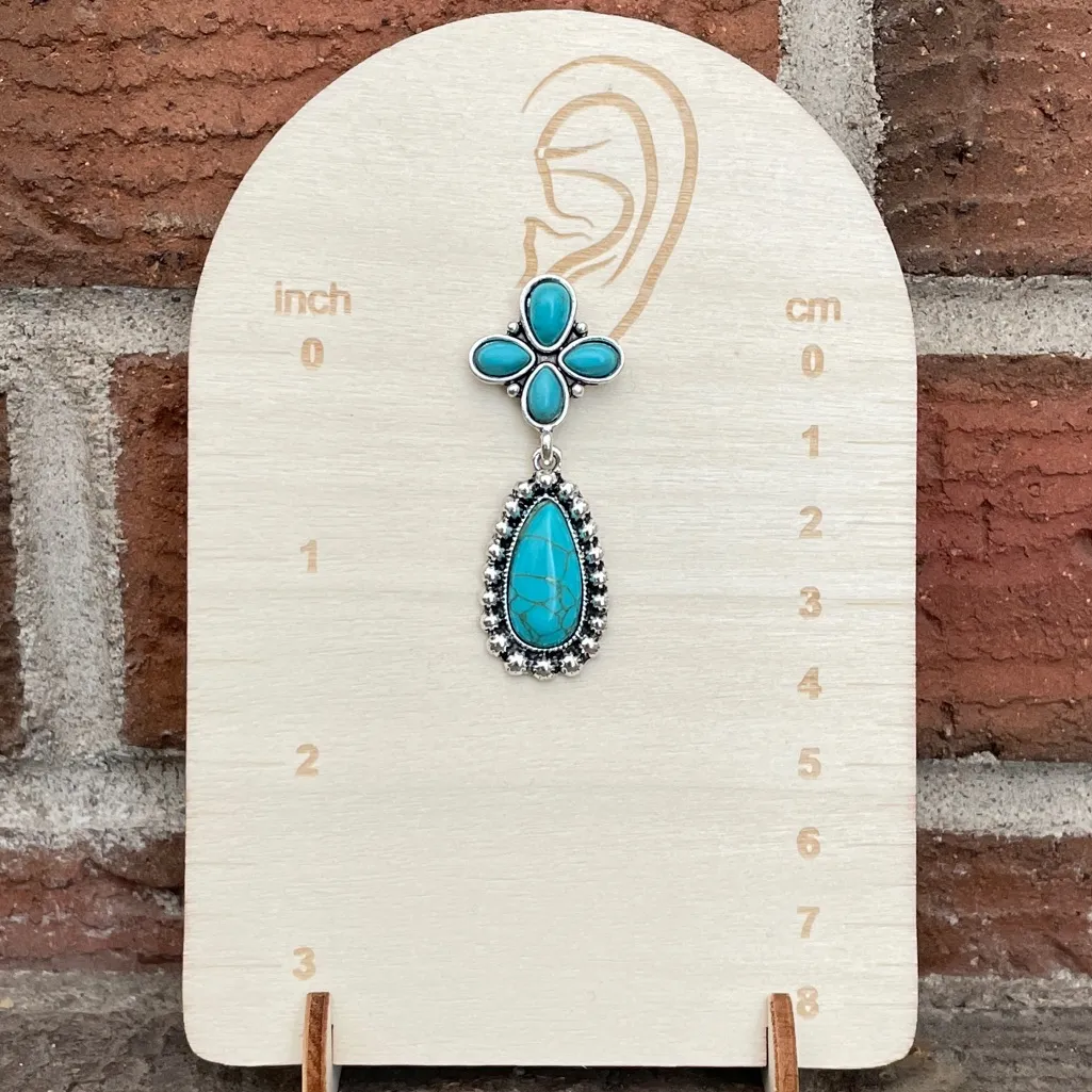 Faux Turquoise Cluster Teardrop Earrings Blue - Image 2