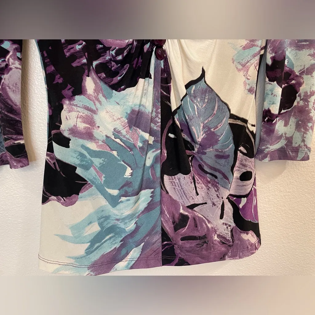 Vintage Karen Kane‎ Women’s Y2K Purple White and Black Floral Print Top Size M - Image 7