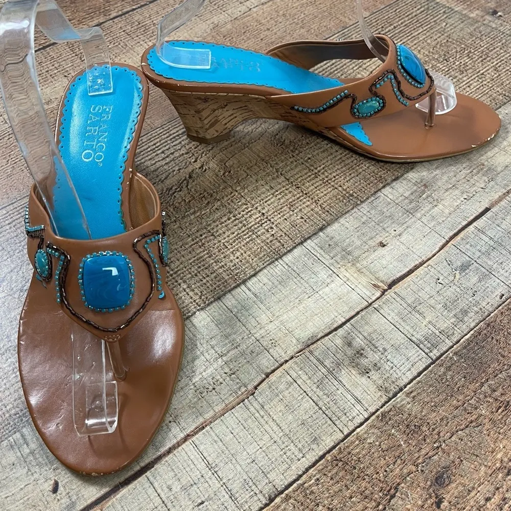 Franco Sarto Fatima 9.5 Wedge Sandal Heel Turquoise Vacation Island Summer - Image 10