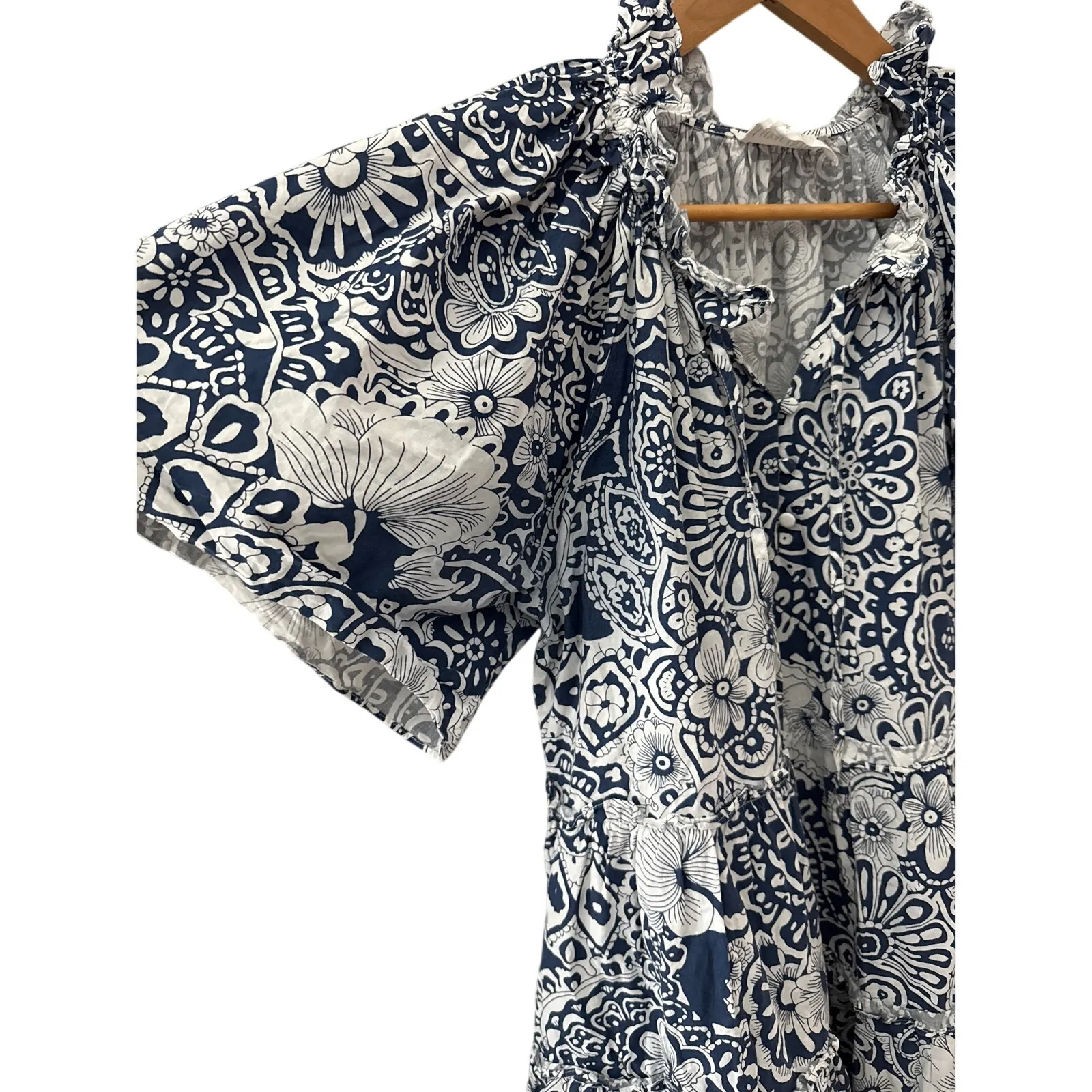 Tuckernuck Hycanith House Thea Tiered Mini Poplin‎ Dress Navy White Size Large - Image 6