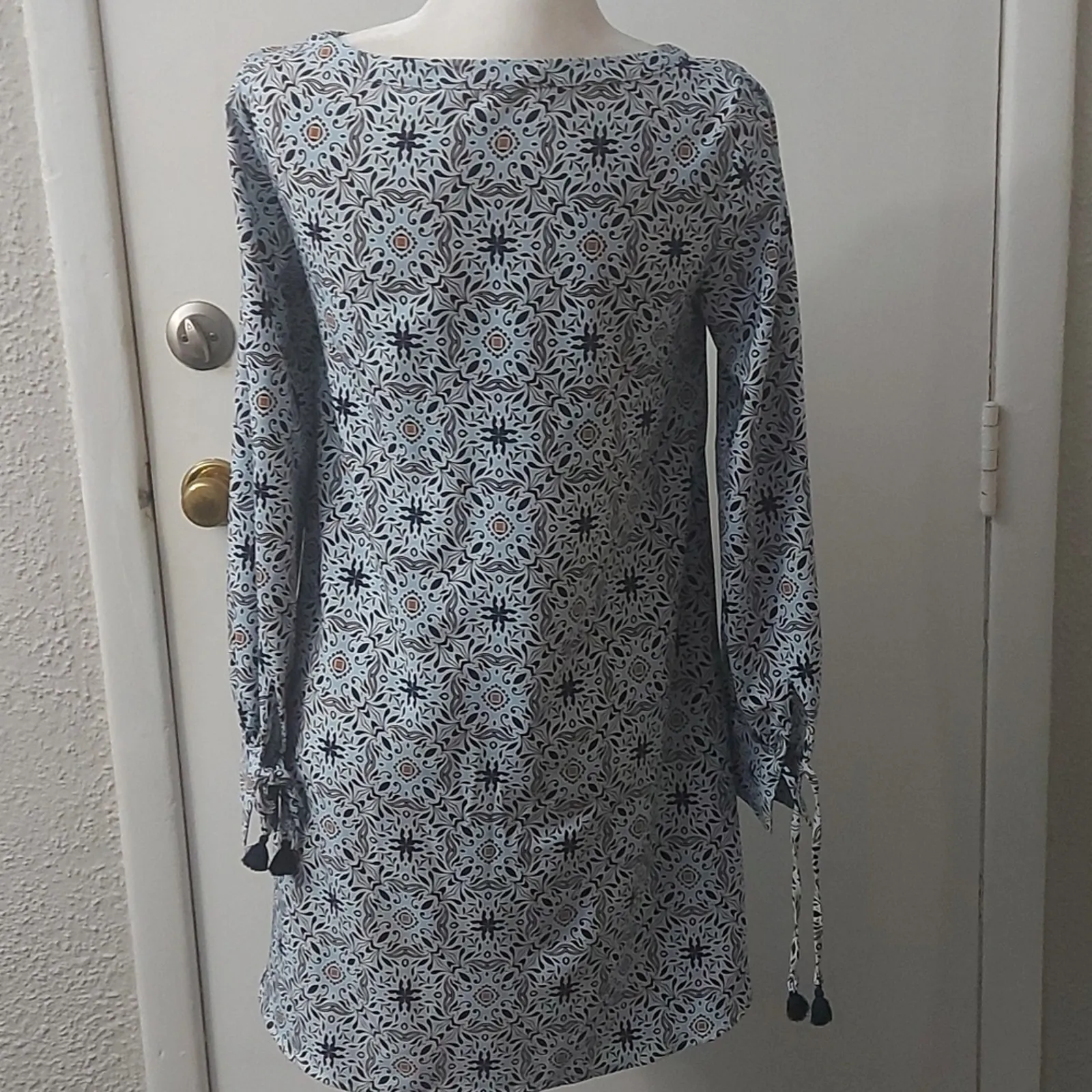 LOFT Ann Taylor Blue/Orange Long Sleeve Crewneck Shift Dress XS Boho Classic - Image 2