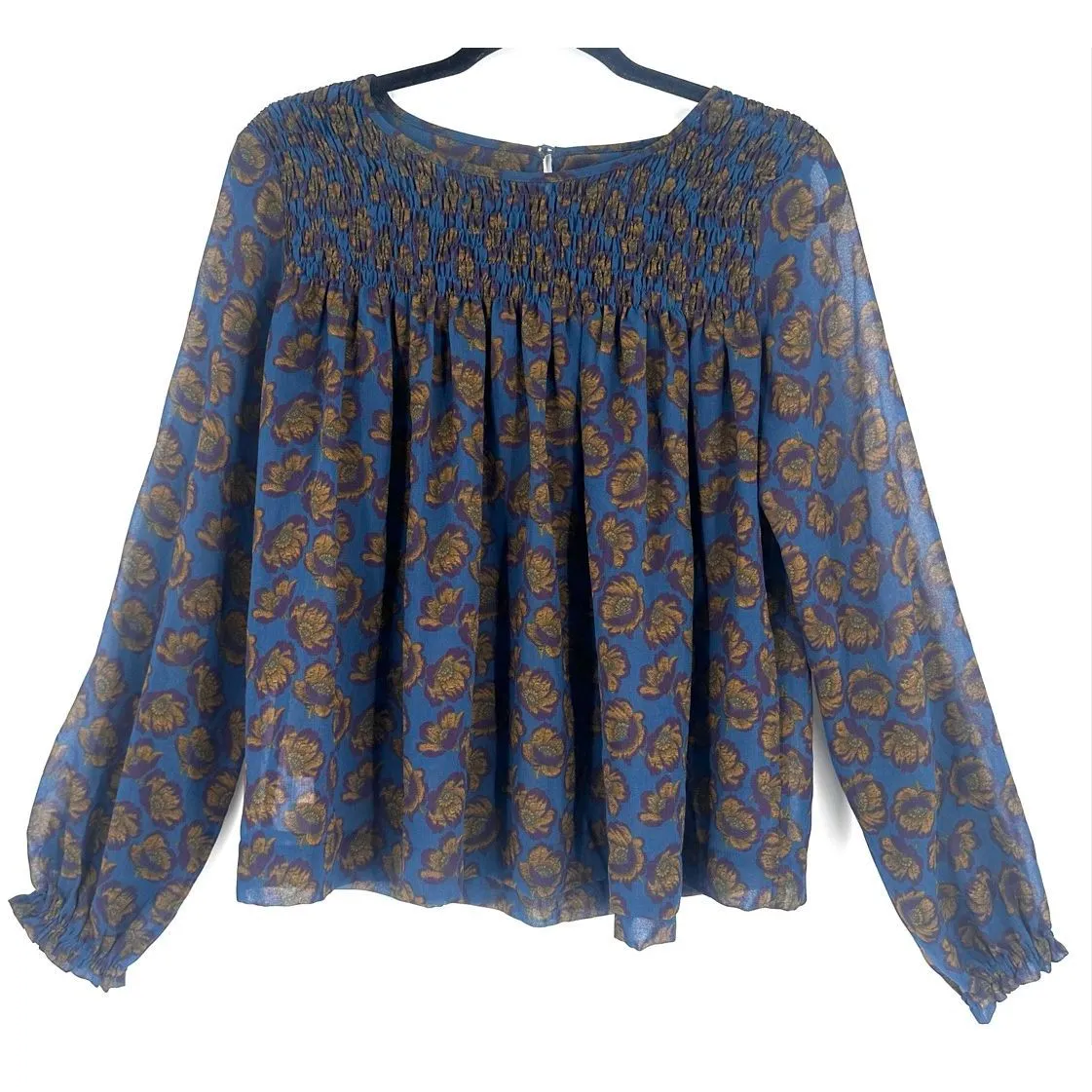 LOFT XS Floral Smocked Blouse Blue Mustard Purple Yoke Keyhole EUC‎ Flowy Fall - Image 9