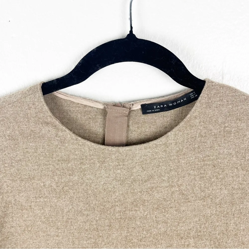 ZARA Woman Tan Wool Blend Short Sleeves Hidden Back Ziipper Pleated Dress - Image 6
