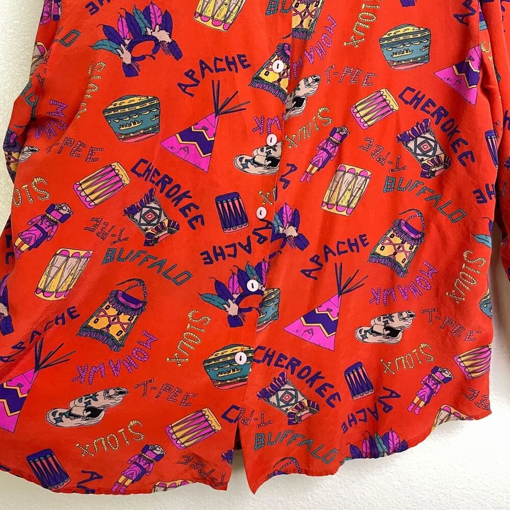 Womens Long Sleeve Silk Shirt Large Red Button Up Tribes Native American Sioux - Image 4