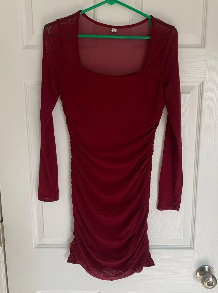 Burgundy Mesh Sleeve Bodycon Dress Size L - Image 3