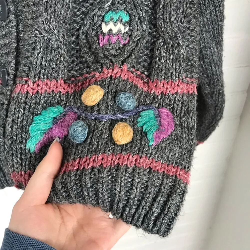 Vintage Bobble Hand Knit Cropped Cardigan Sweater Cottagecore Grannycore Size M Gray Size M - Image 5