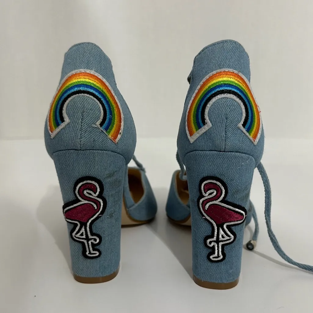 Cape Robbin Denim Beautiful Embroidered Rainbow Block Heel Sandals Size 7.5 - Image 5