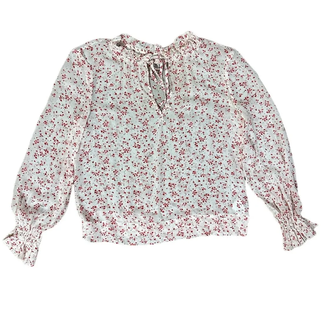 GANNI Blouse Long Sleeve Red Floral Cream Crepe Georgette Ruffle Collar - Image 10