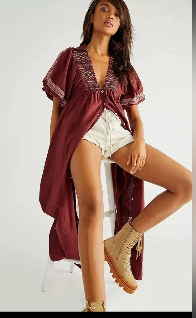 Free People Samantha Embroidered Puff Sleeve Button Front Maxi Dress Medium - Image 3