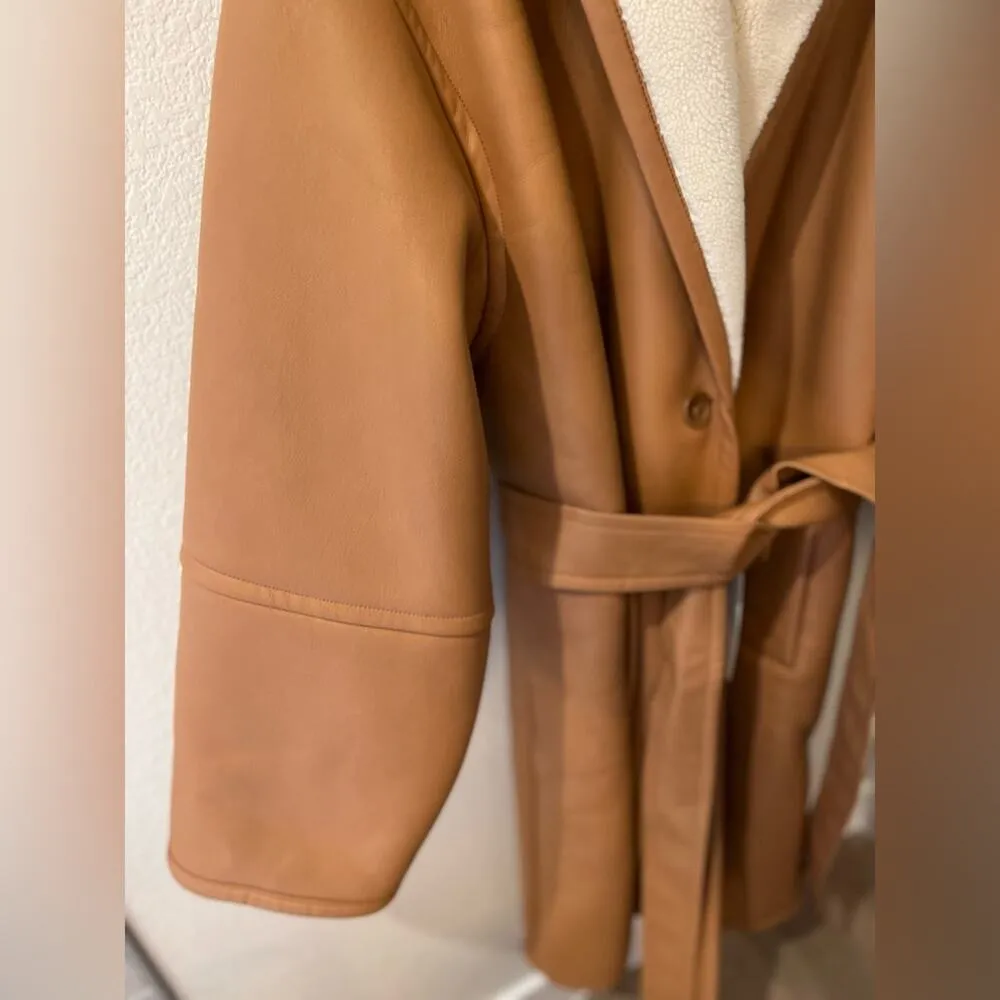 Stand Studio Dolores Tan Belted Shearling Shawl Collar Faux Leather Coat Size 8 - Image 6