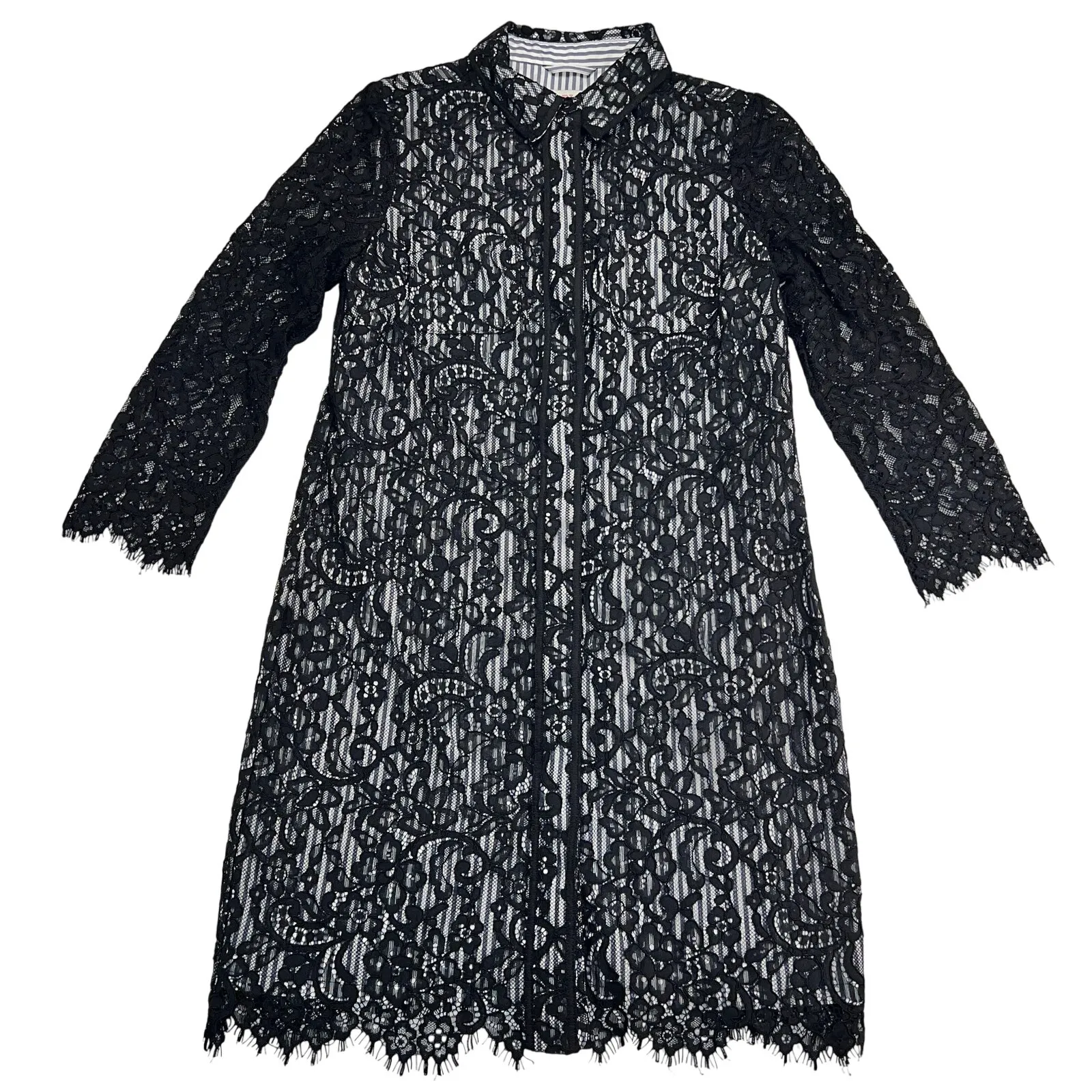 Vineyard Vines Hadley Black Lace Overlay Navy White Pinstripe Shirt Dress Size 0 - Image 7