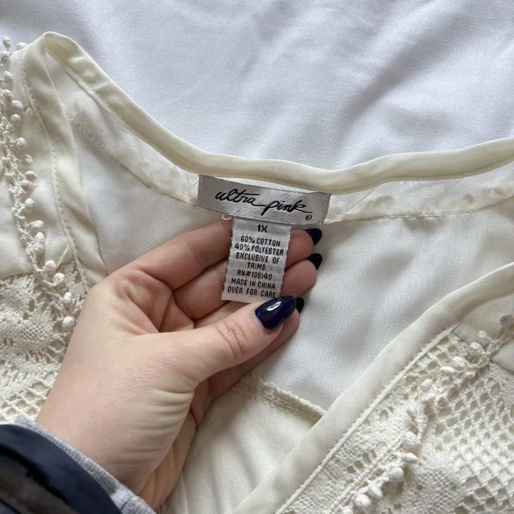 Vintage Ultra Pink Womens 1X Lace Blouse Romantic Dainty Cottagecore Peasant 80s - Image 3