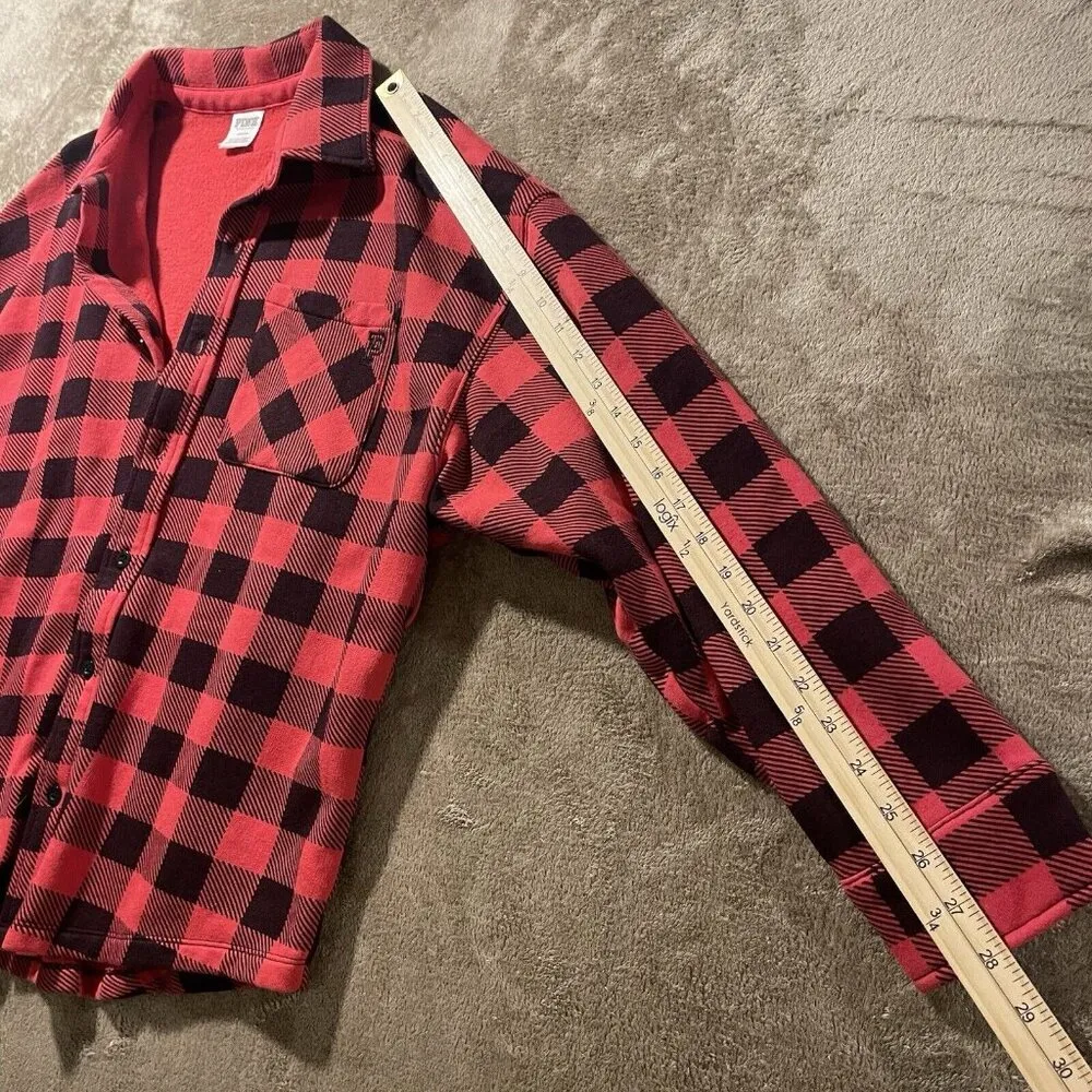 Victoria Secret PINK Shirt M Black Red Checkered Buffalo Plaid Fleece Oversized - Image 6