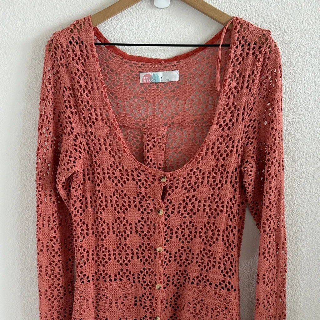 Free People Beach Crochet Love Long Sleeve Cover Up Muted Apricot Small - Image 6