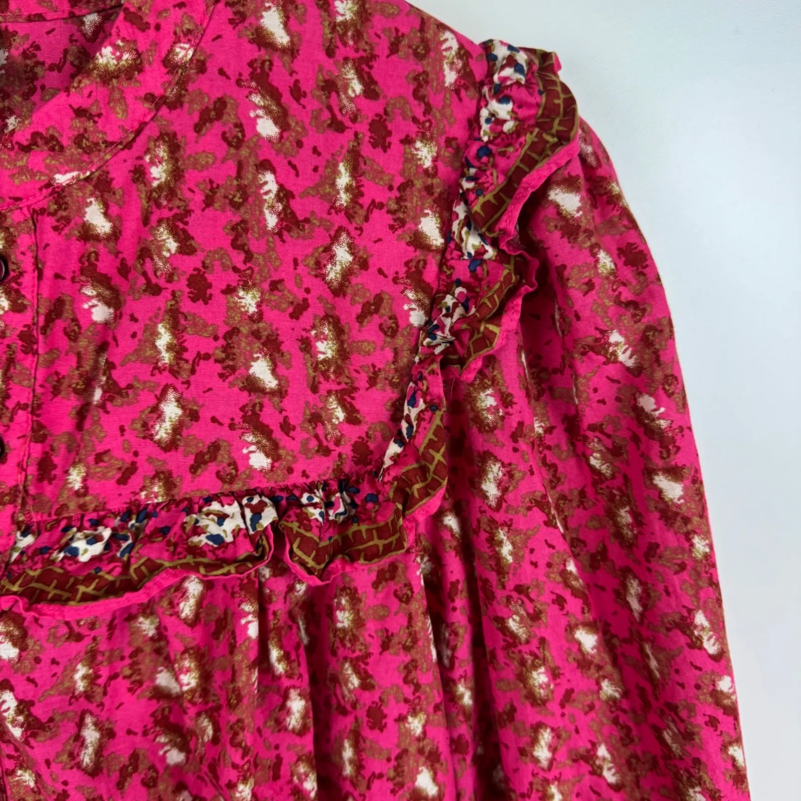 Joie Floral Ruffle Trim‎ Button Down Peasant Top Sz Medium Pink Long Sleeve Boho - Image 3