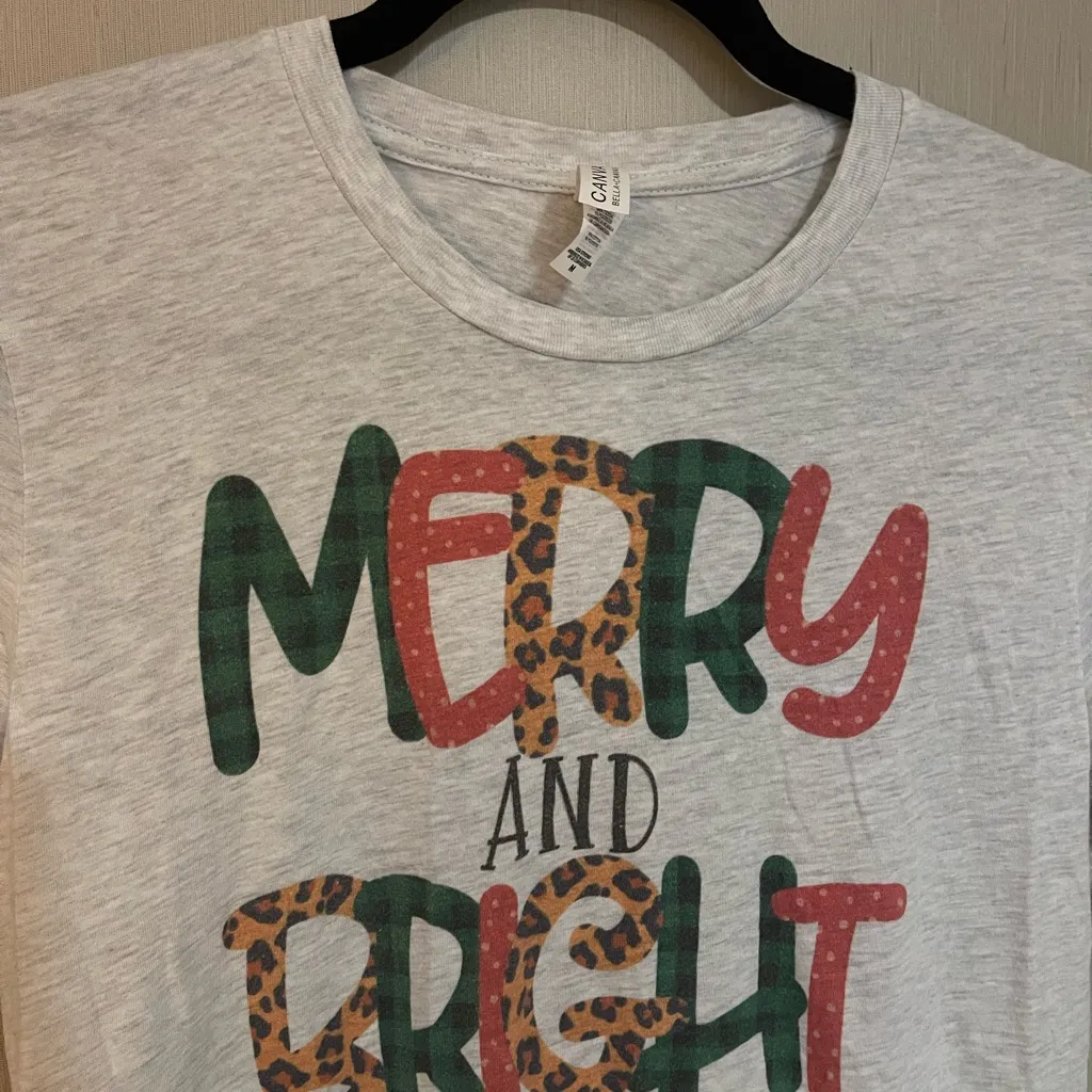 Merry and bright Bella canvas gray tee shirt Christmas holiday - Image 2