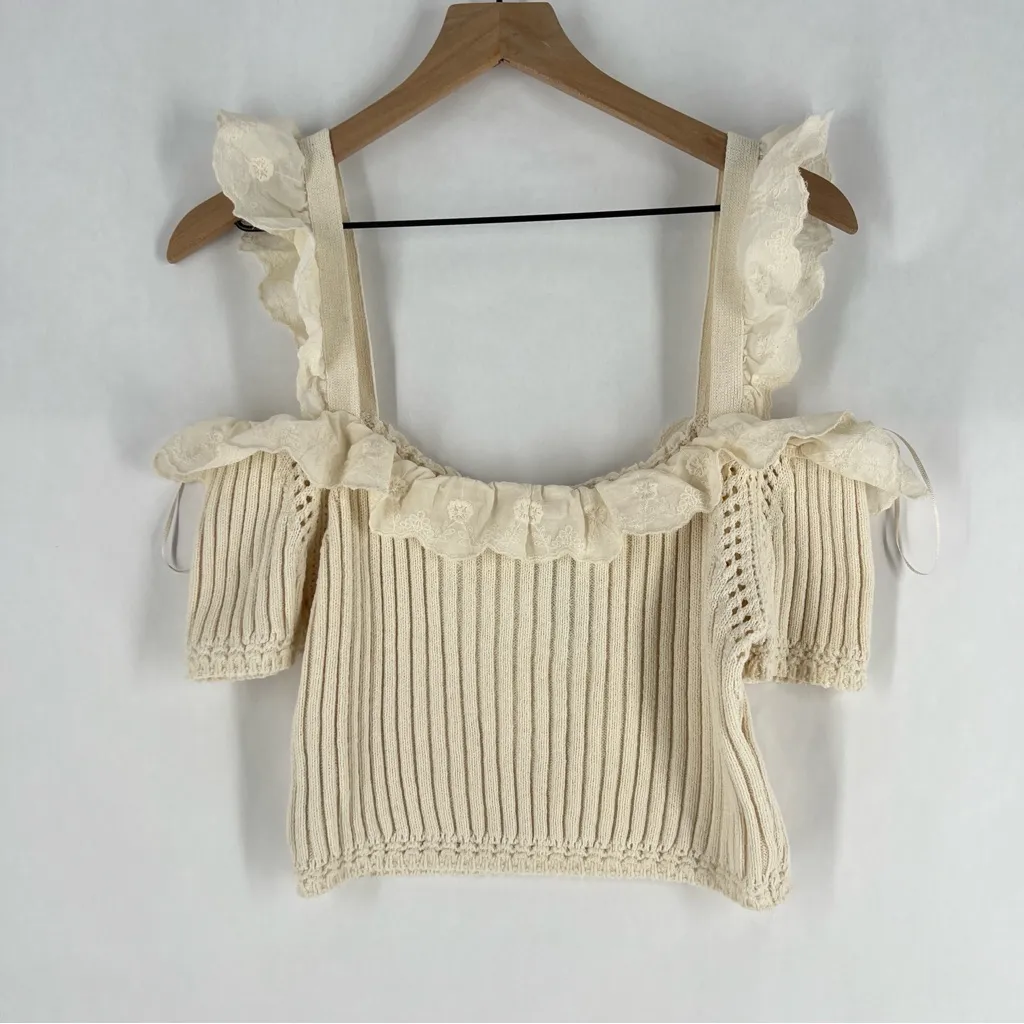 Zara Cream Embroidered Ruffle‎ Trim Ribbed Knit Off The Shoulder Crop Top Size L - Image 8