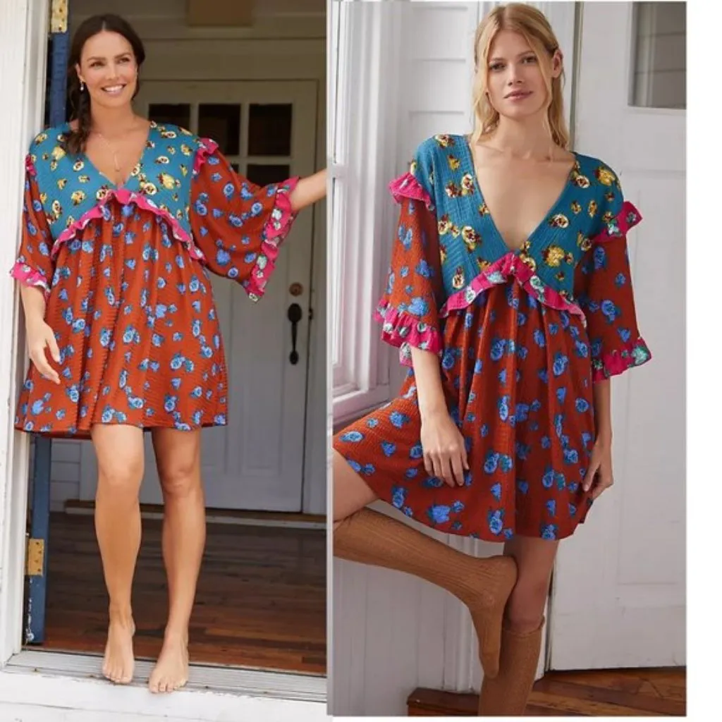 Anthropologie Womens Large Ruffled Sleep Mini Dress Boho Oversized Loungewear - Image 3