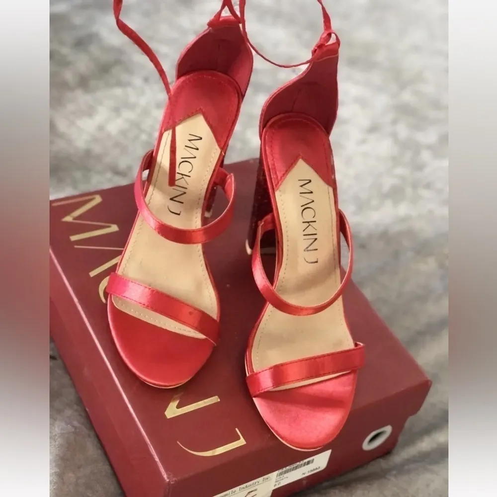 Red satin & glitter strappy lace up high heel shoes prom special occasion size 9 - Image 6