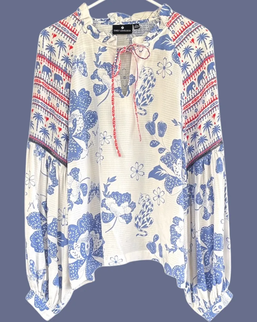 Like New Anthropologie Emily Lovelock Emma Top Medium Floral Elephant Palm Tree - Image 2