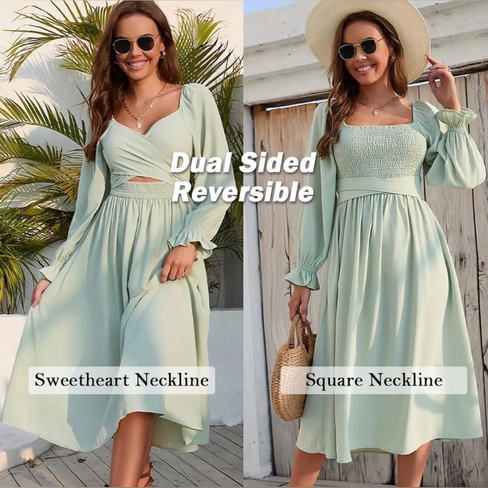 Women's Tie Back Long Puff Sleeve Dress Sage Ruffle Wrap Reversible Flowy (52) Green Size XS - Image 2