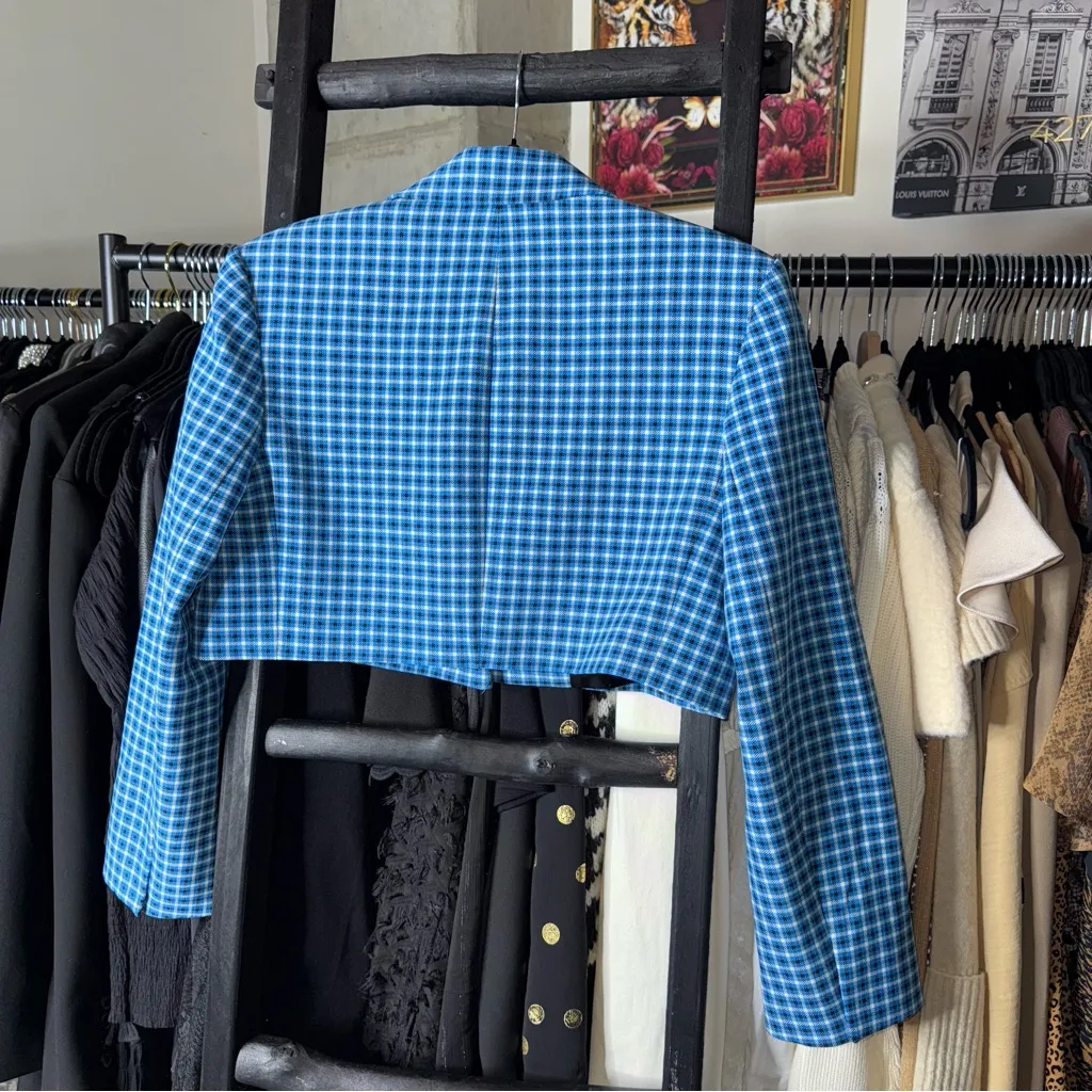 ZARA  Blue Houndstooth Cropped Blazer Jacket with Structured Fit Preppy Chic - Image 4
