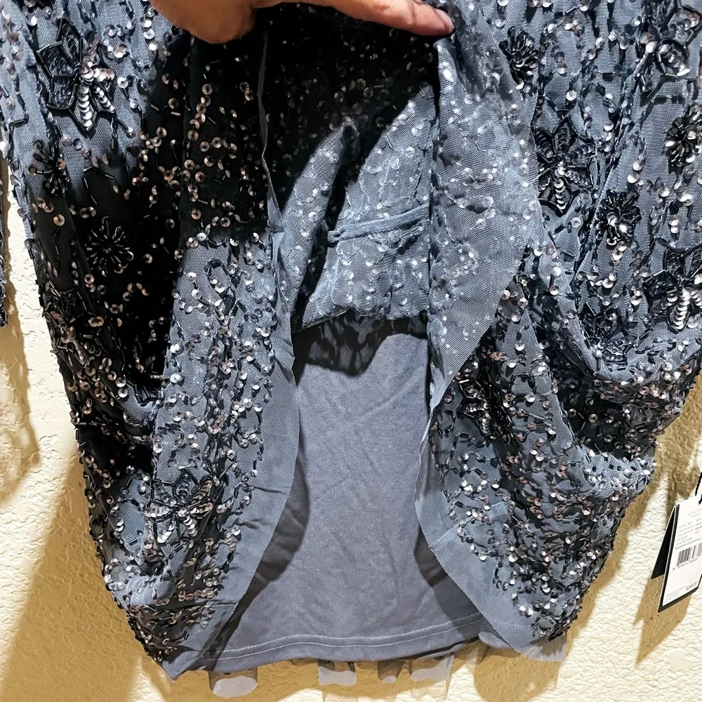 NWT Adrianna Papell Beaded Cocktail Dress Dusty Blue Size 10P - Image 10