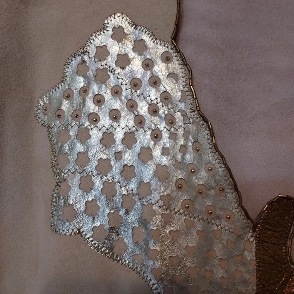 Vintage Ultra Suede Beaded Leather Metallic Patchwork V - Image 6