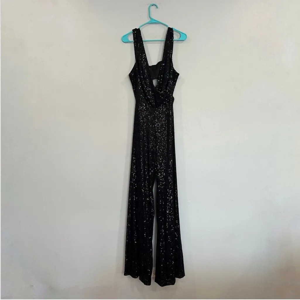 Mac Duggal 26691 Sequin V Neck Cut Out Jumpsuit  Women Black Wedding Cocktail 12 - Image 4