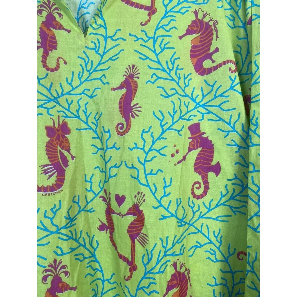 Gretchen Scott Designs Women Green Seahorse Tunic 3/4 Sleeve Top Oversized Beach - Image 2