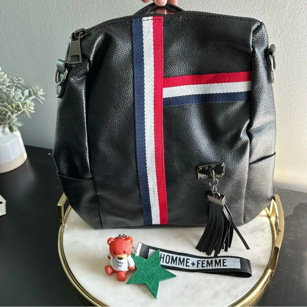 Faux Leather Black Convertible Backpack Bear Charm Work Travel Bag Overnight - Image 5